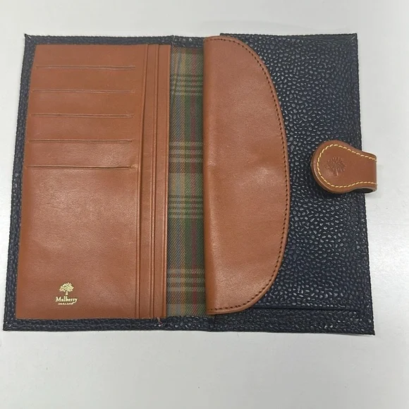 Mulberry Wallet Long Bifold Caviar Leather Navvy Blue Tan Leather Trim Vintage - Picture 6 of 11